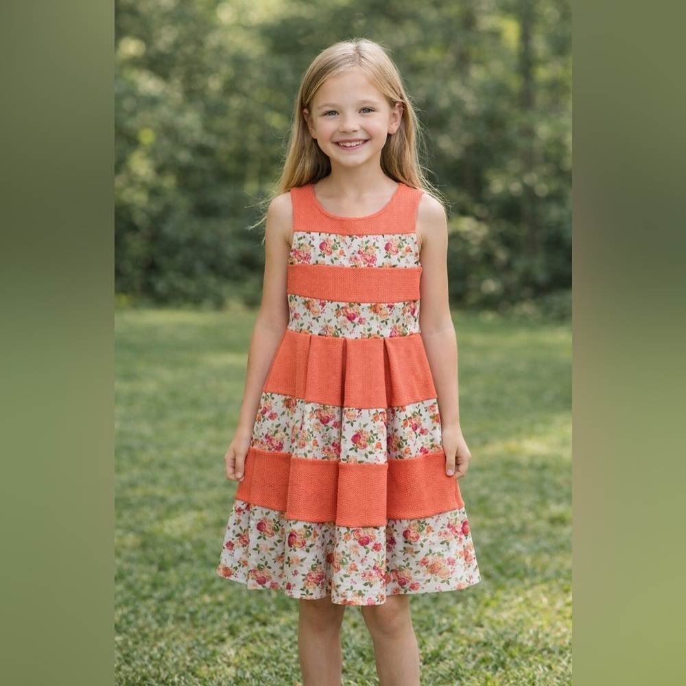 Floral and Striped Little Girl’s Dress Colorful Flowers Swing Dress size 16